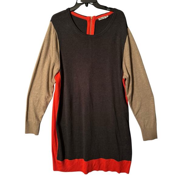 Eliza J 3X Colorblock Knit Dress‎ – Black, Camel & Red with Gold Zipper - Picture 2 of 5